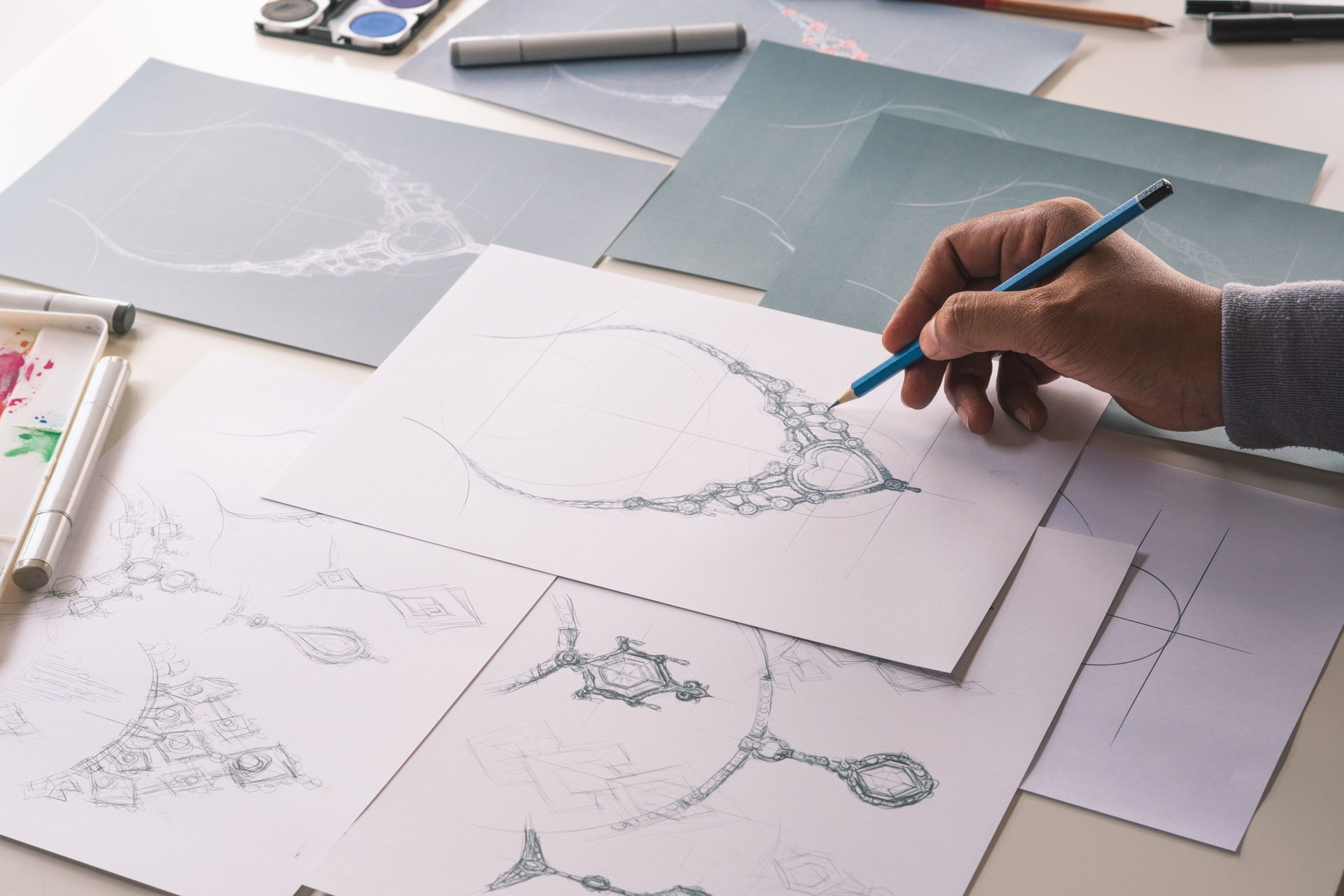Designer design diamond jewelry drawing sketchesÂ making worksÂ craft unique handmade luxury necklaces product ideas.