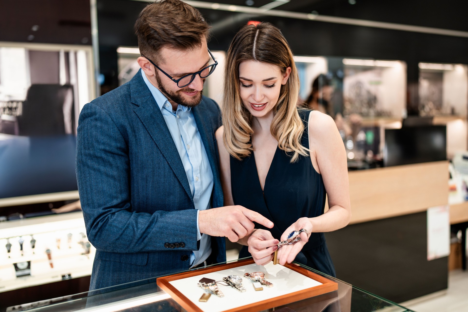 Beautiful couple in jewellery store